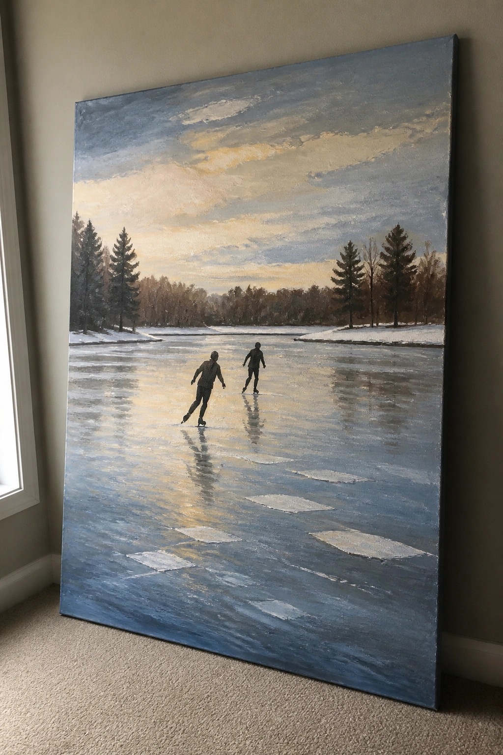Two skaters glide on frozen lake under cloudy golden sunset sky with snowy trees.