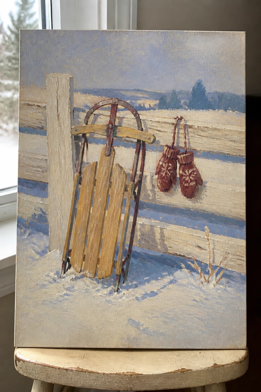 Wooden sled leaning against snowy fence with red mittens hanging nearby