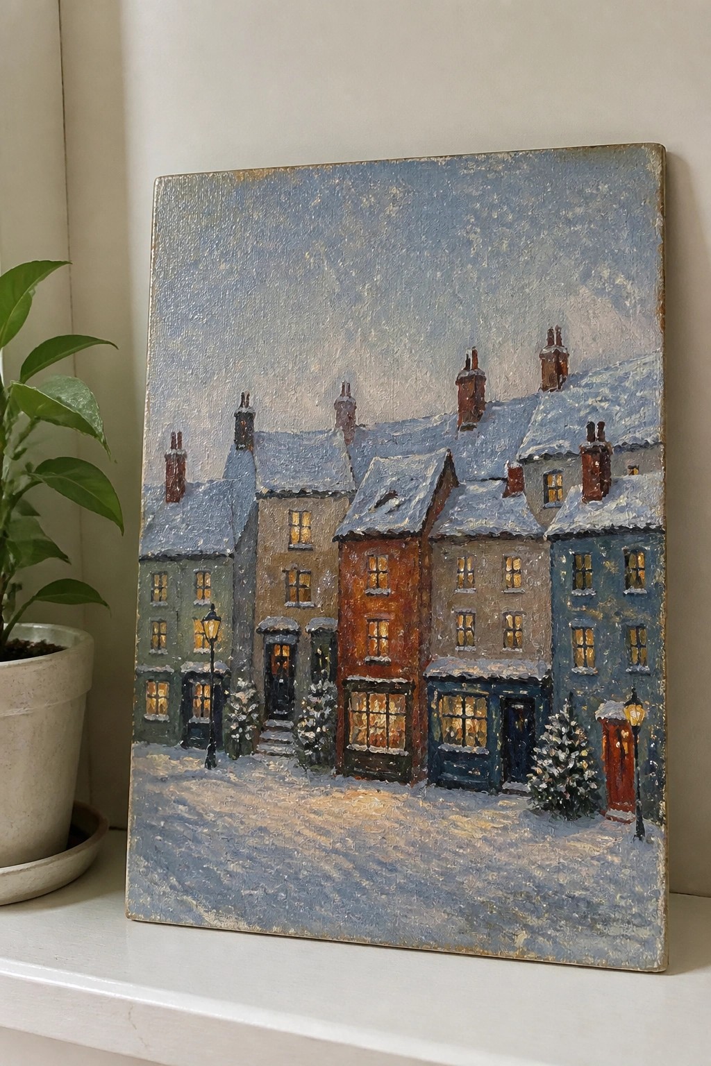 Colorful houses with snow-covered roofs and glowing windows in a winter painting