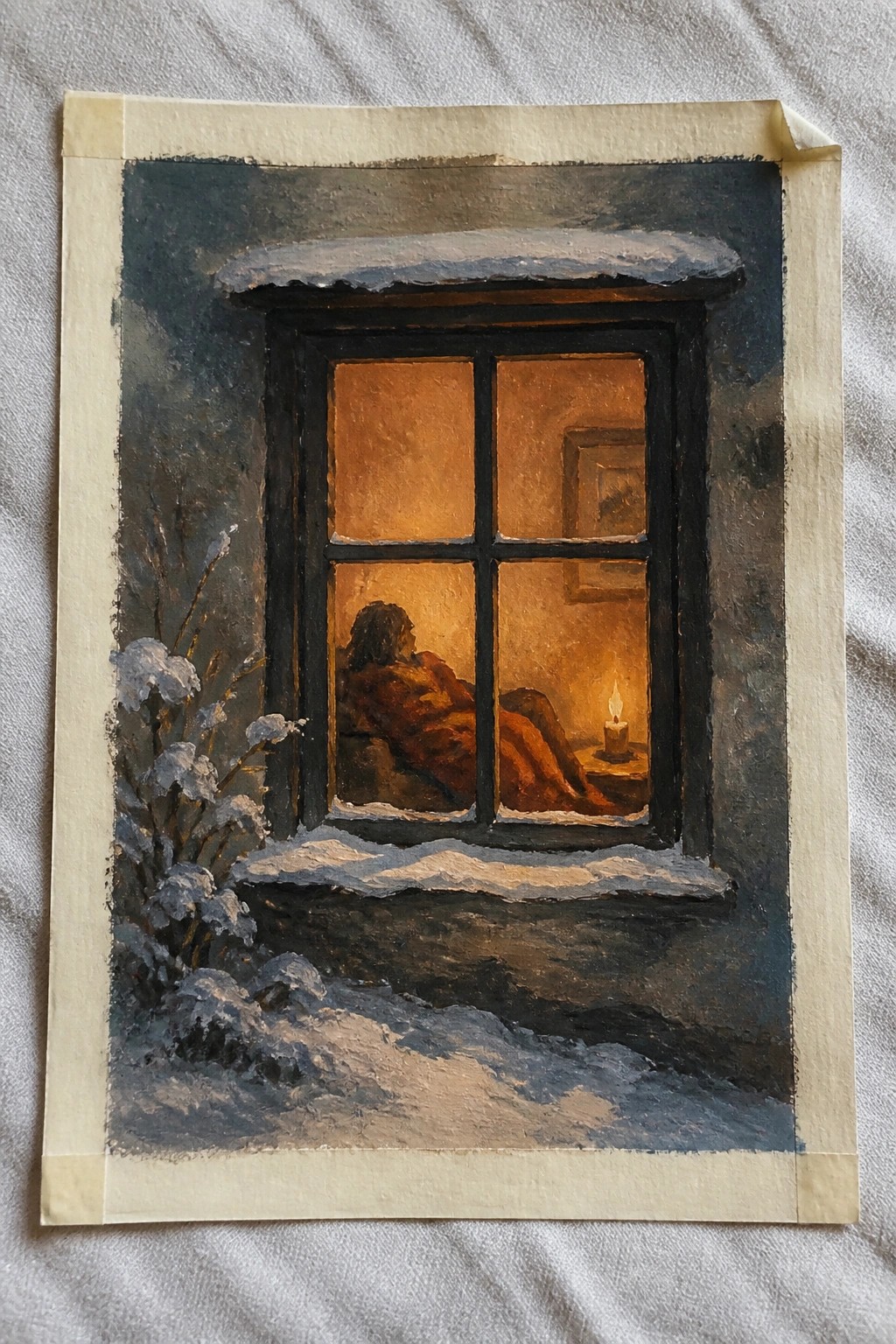 Snowy window frames a candlelit room with reclining nude figure in warm light