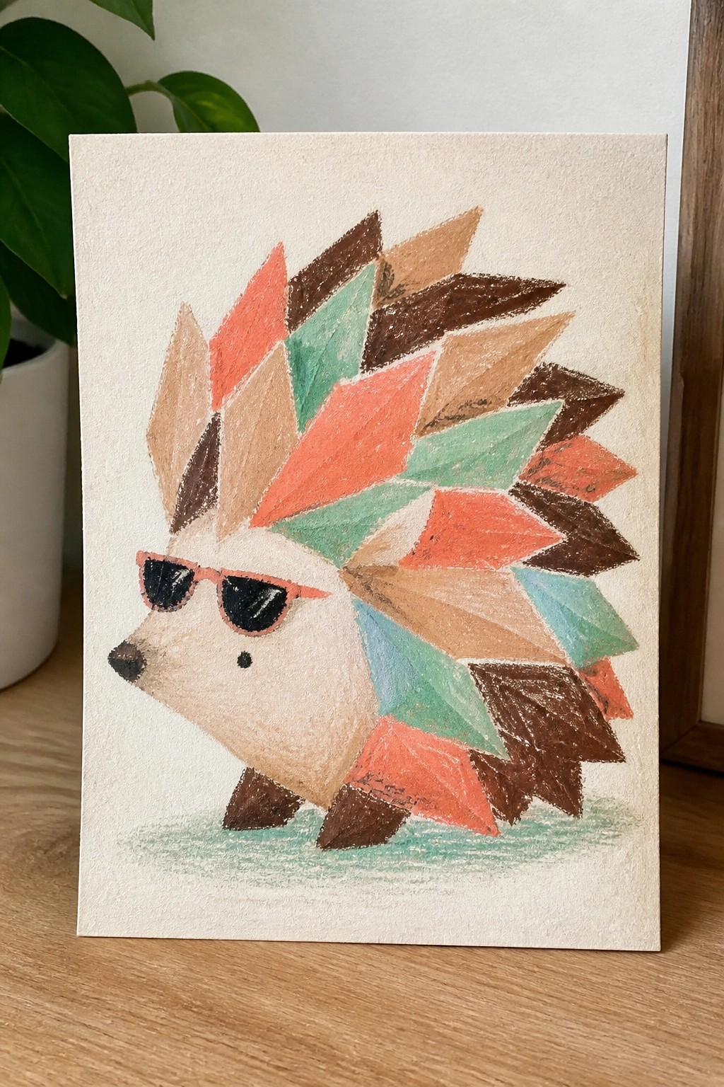 A painting of a hedgehog made from geometric angular shapes in coral, teal, brown, and beige, wearing pink sunglasses on a light background with a simple green base.