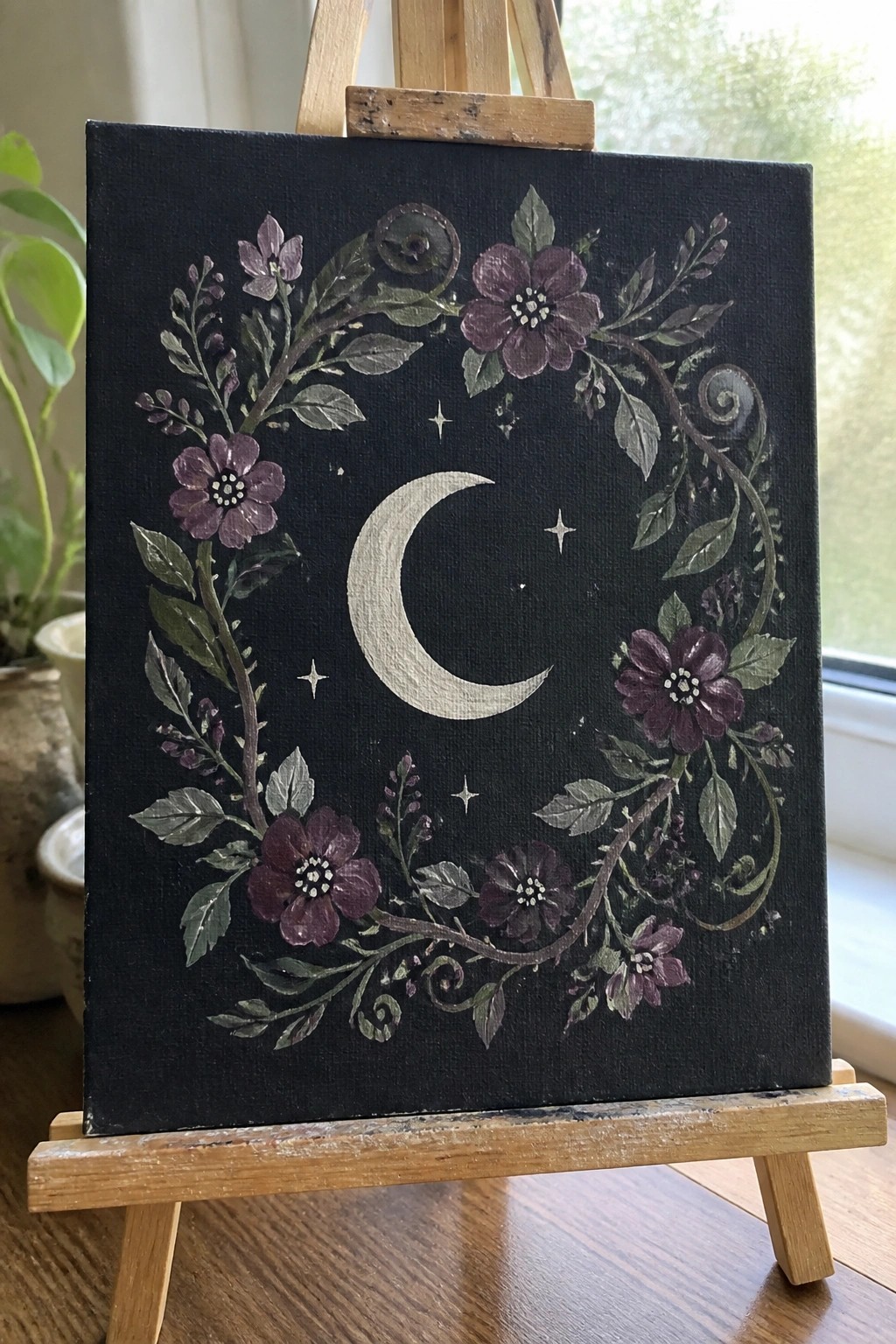 Crescent moon and purple flower wreath painted on black canvas on wooden easel.