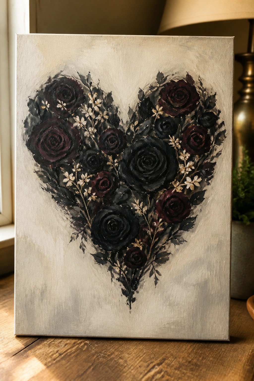 Heart of black and burgundy roses with gold leaves on beige canvas