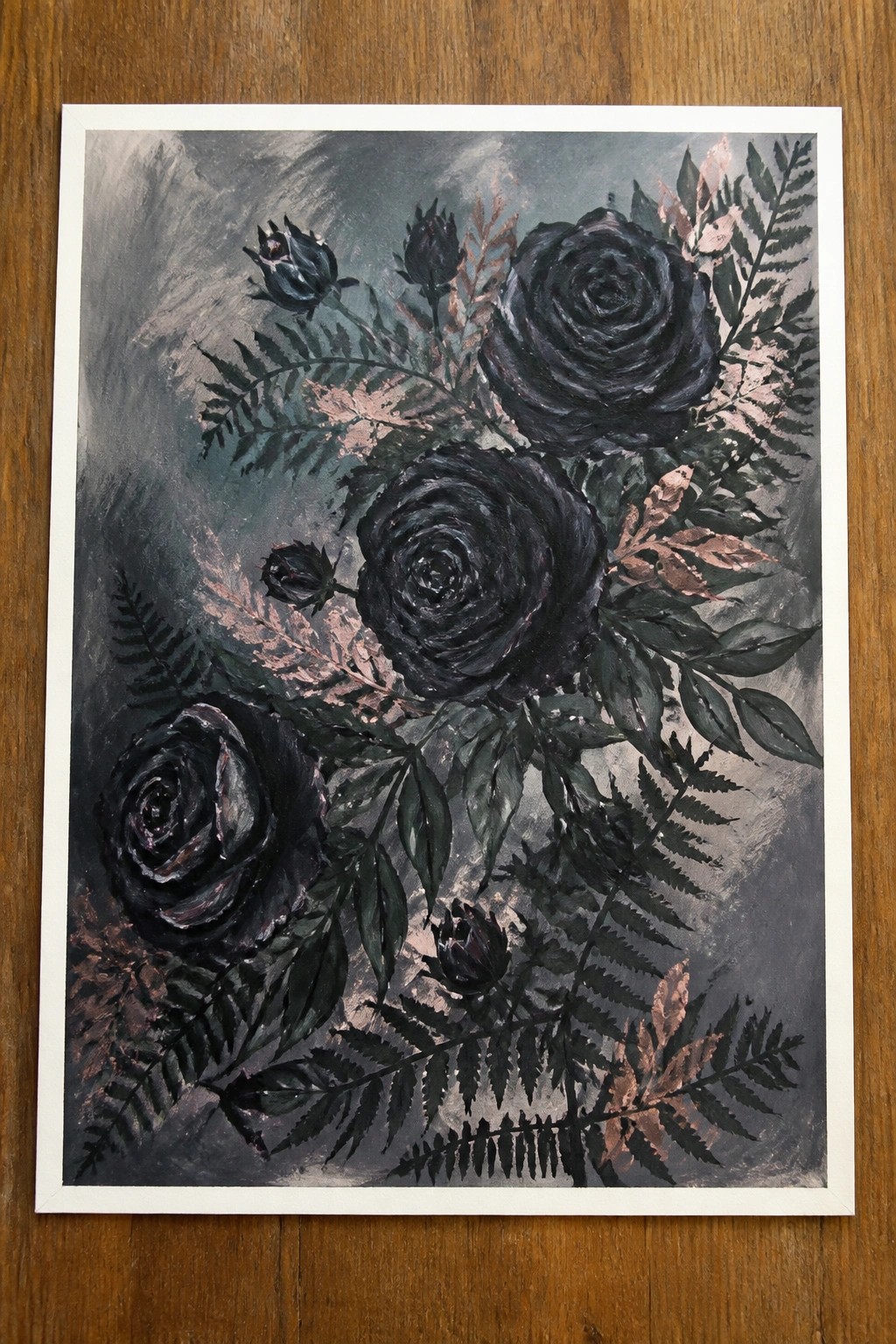 Dark painting of black roses with ferns and copper-toned leaves on moody background.