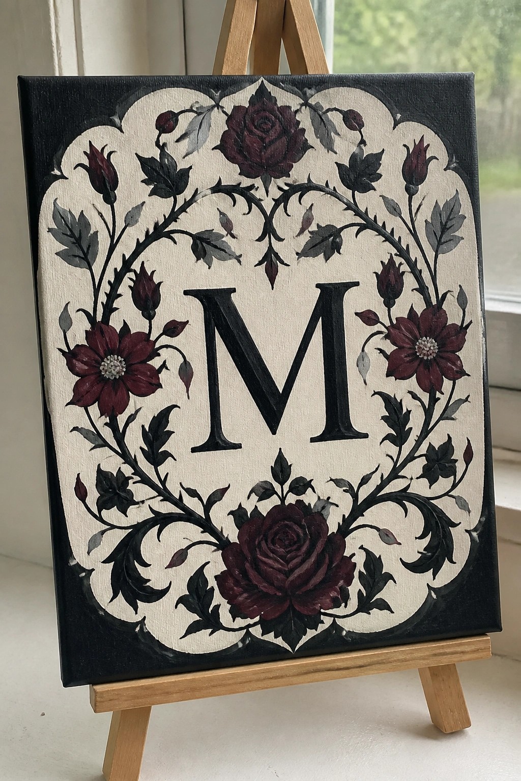 Ornate canvas with black monogram M in burgundy floral wreath on wooden easel.