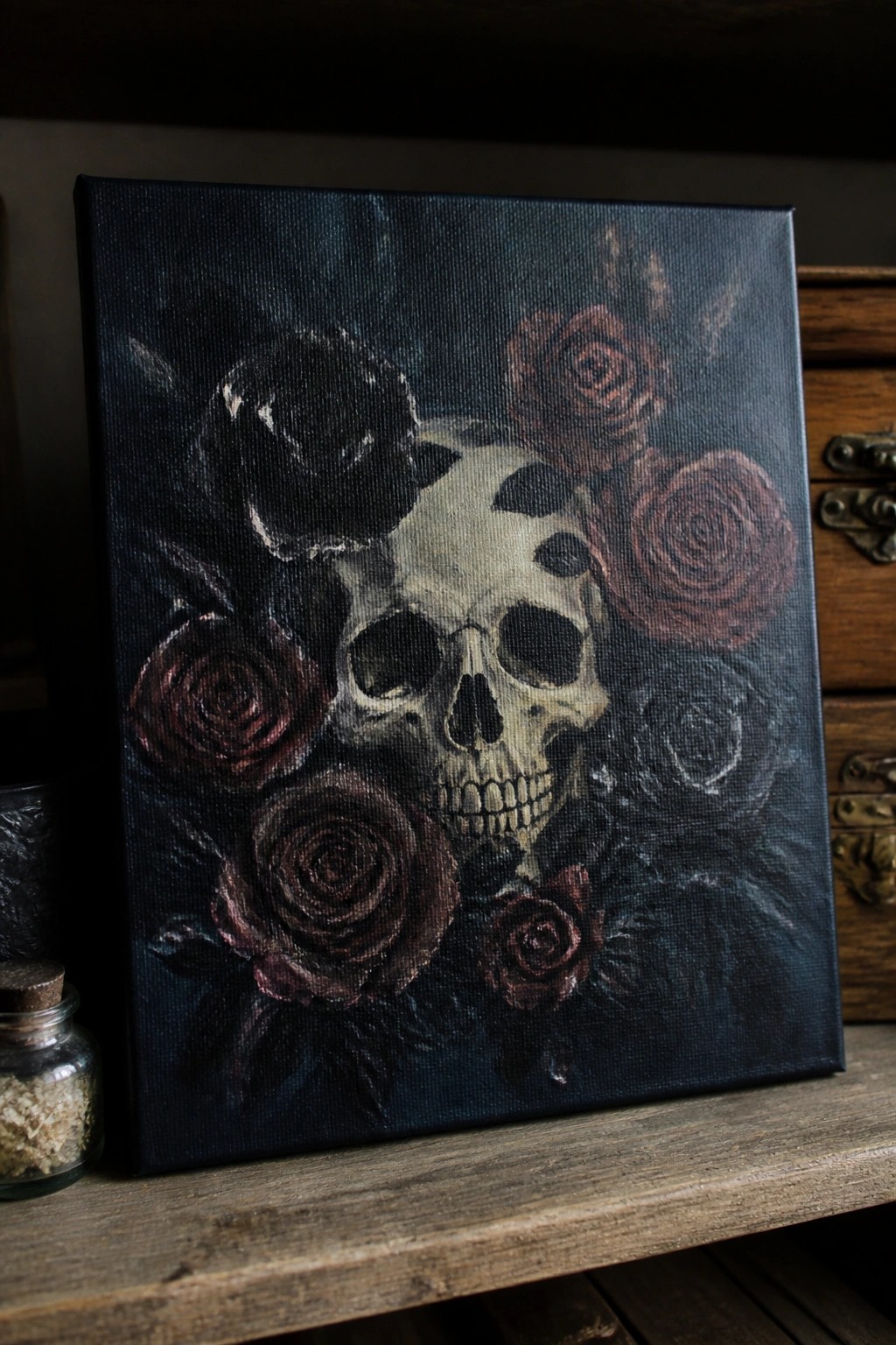 Skull with dark roses on black canvas painting atop wooden table with jar nearby