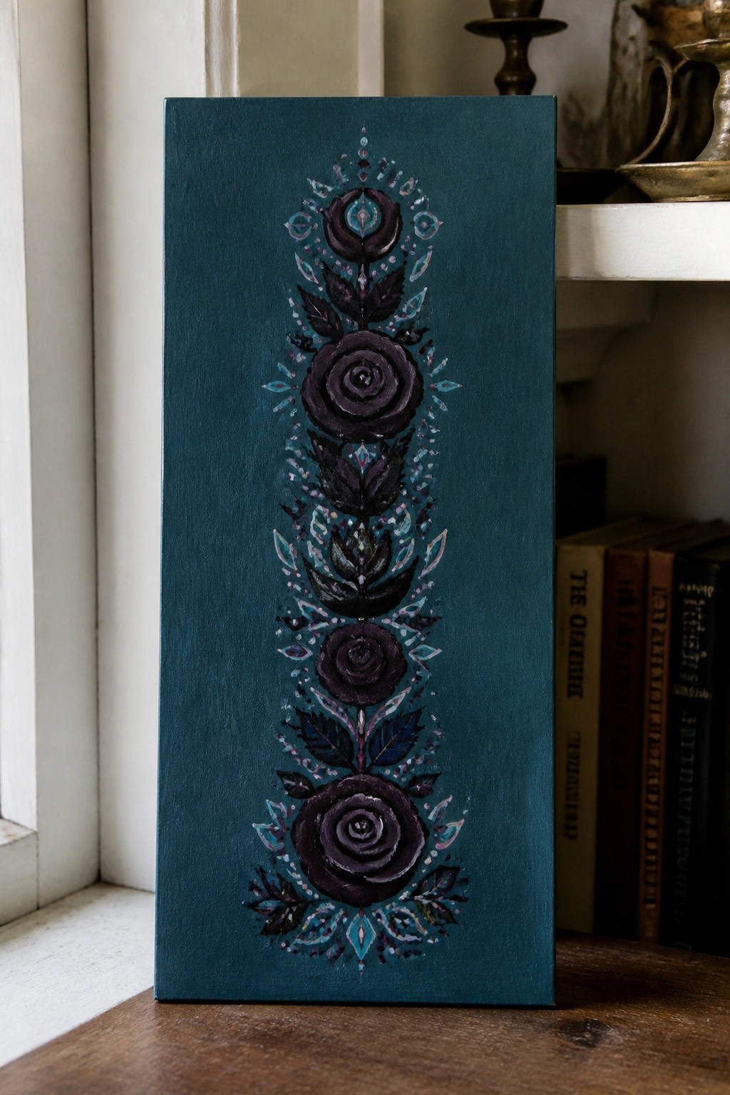Vertical dark teal canvas with three stacked purple roses, leaves, and ornate patterns.