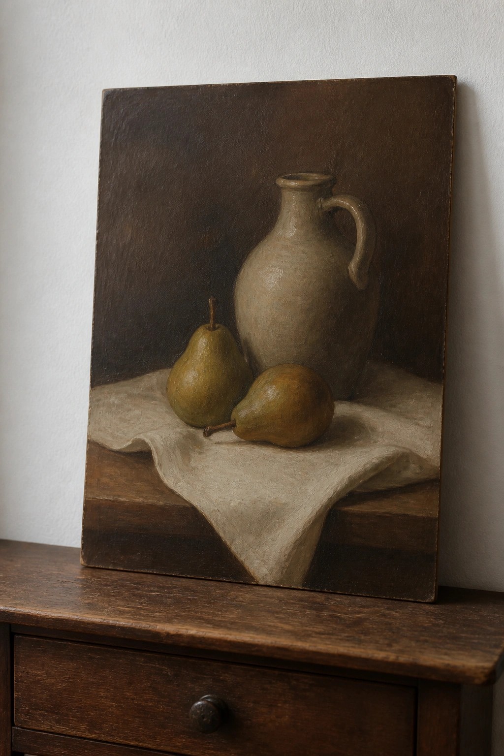 Still life painting of brown jug and two pears on white cloth over wood