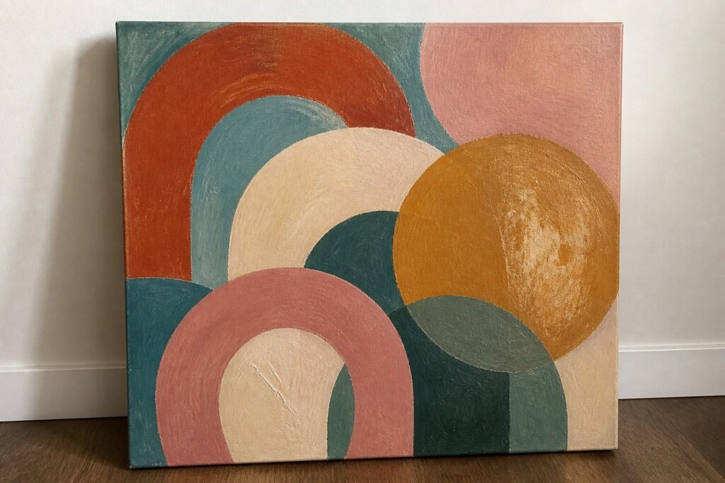Abstract canvas with terracotta arches, teal curves, and orange circle against wall.