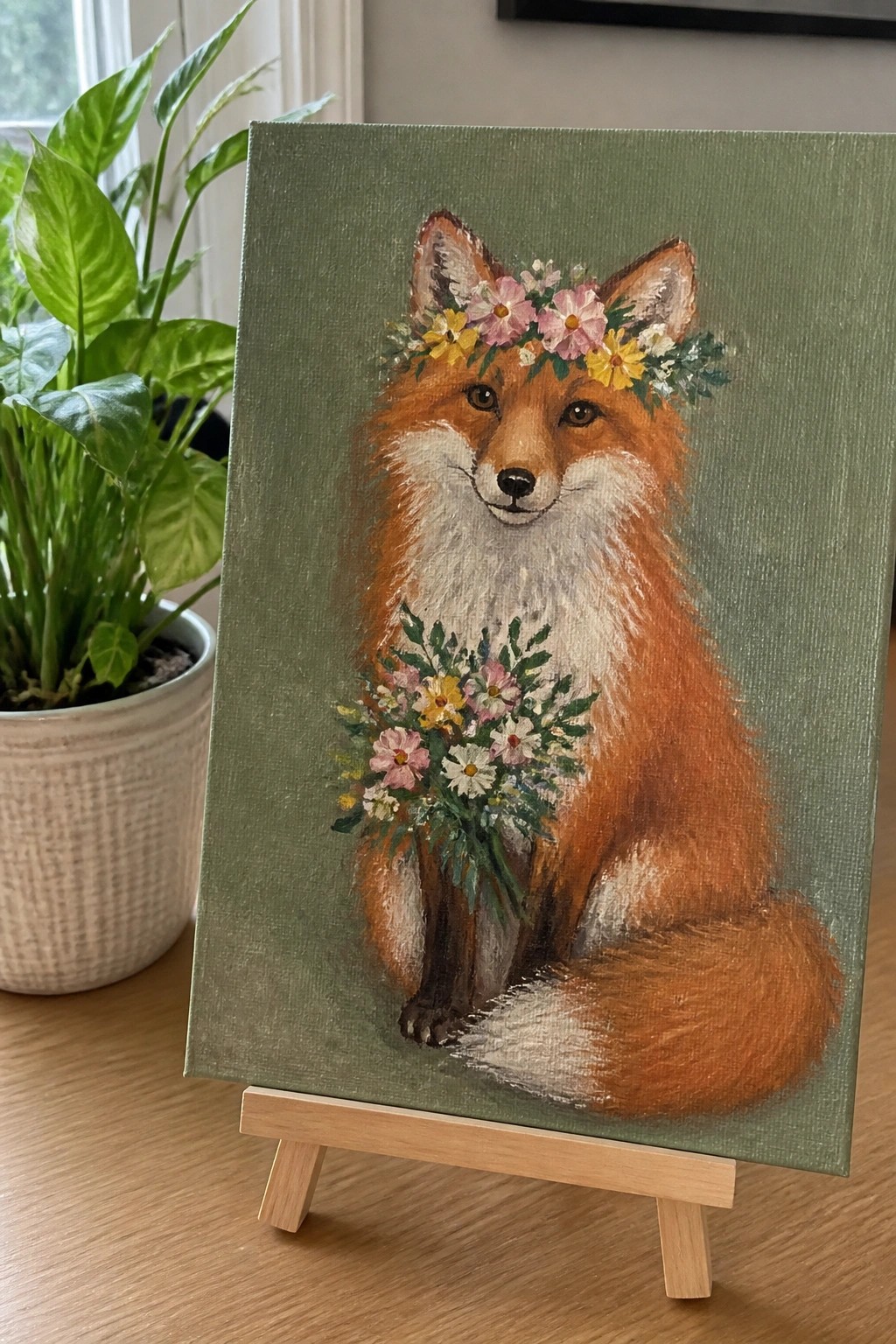 Fox with flower crown and bouquet painted on green canvas on wooden easel.