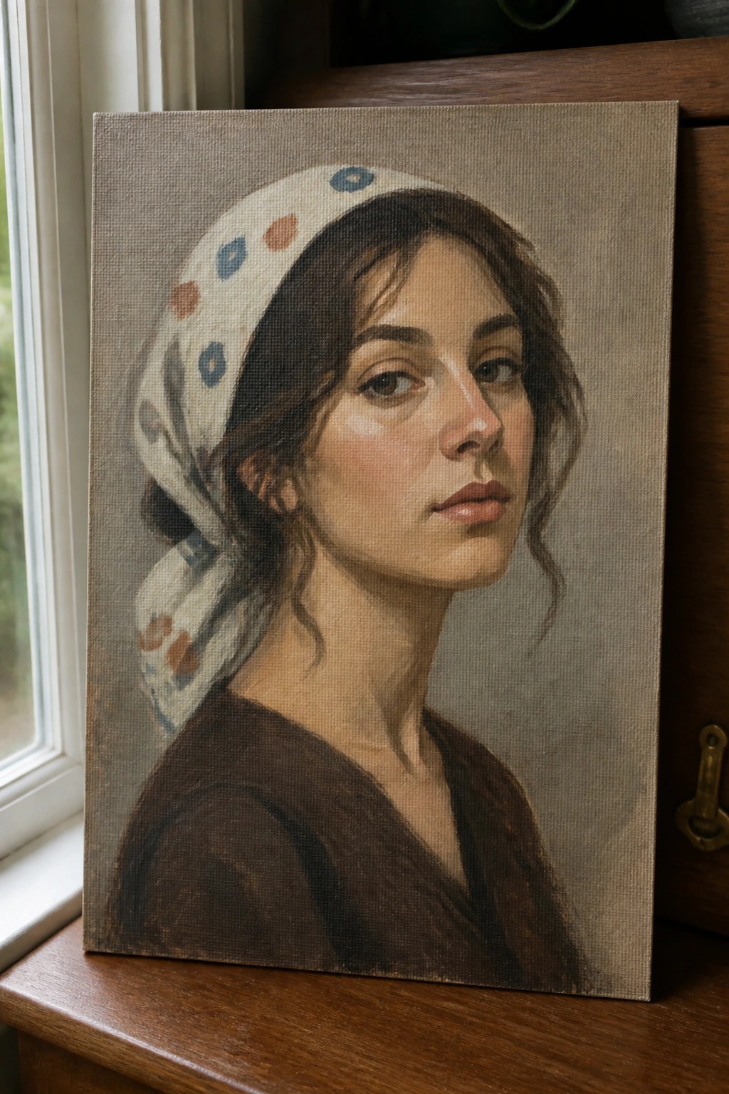Realistic portrait of a woman in polka-dot headscarf and brown top on canvas by window