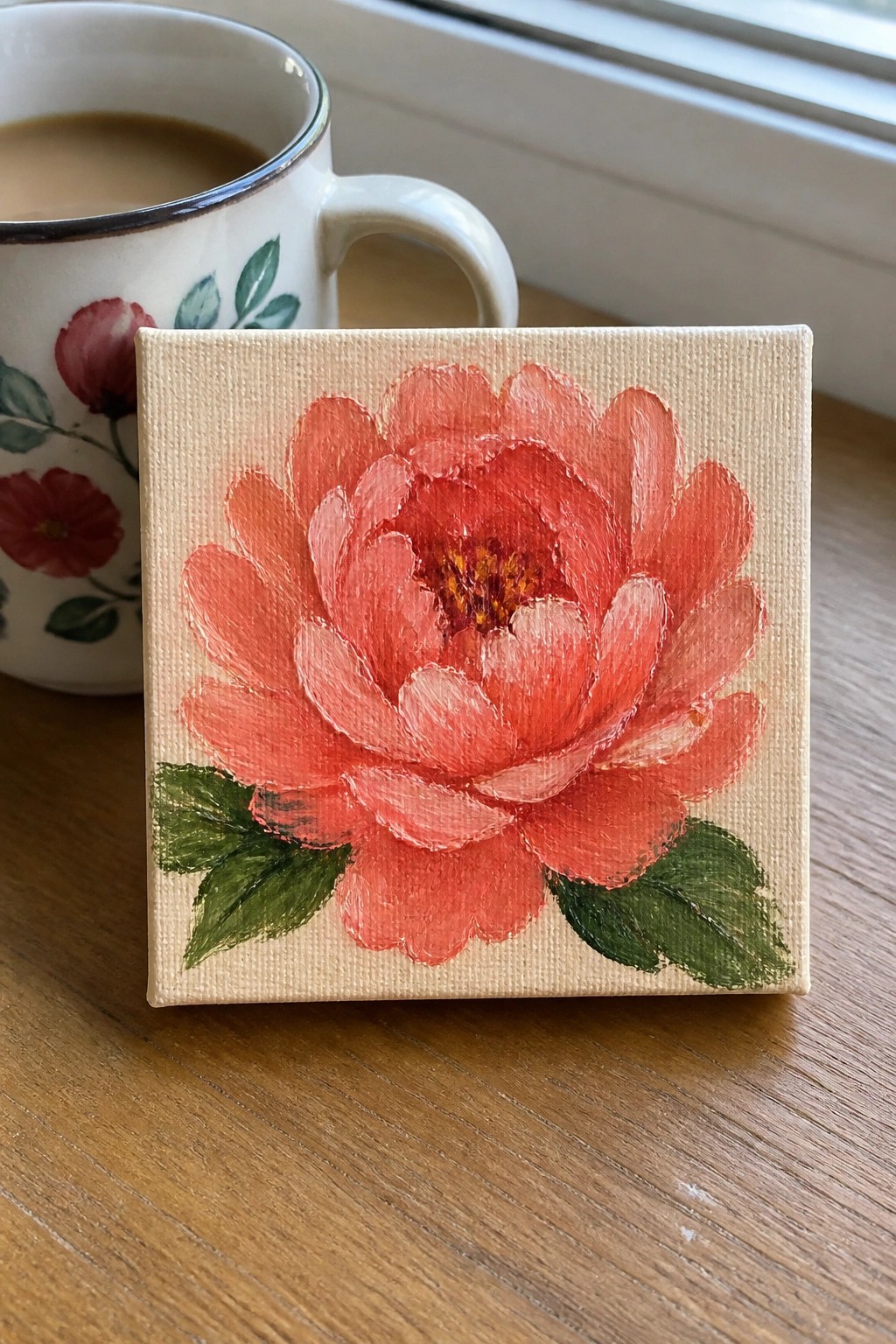 Mini canvas with red flower painting and green leaves next to coffee mug