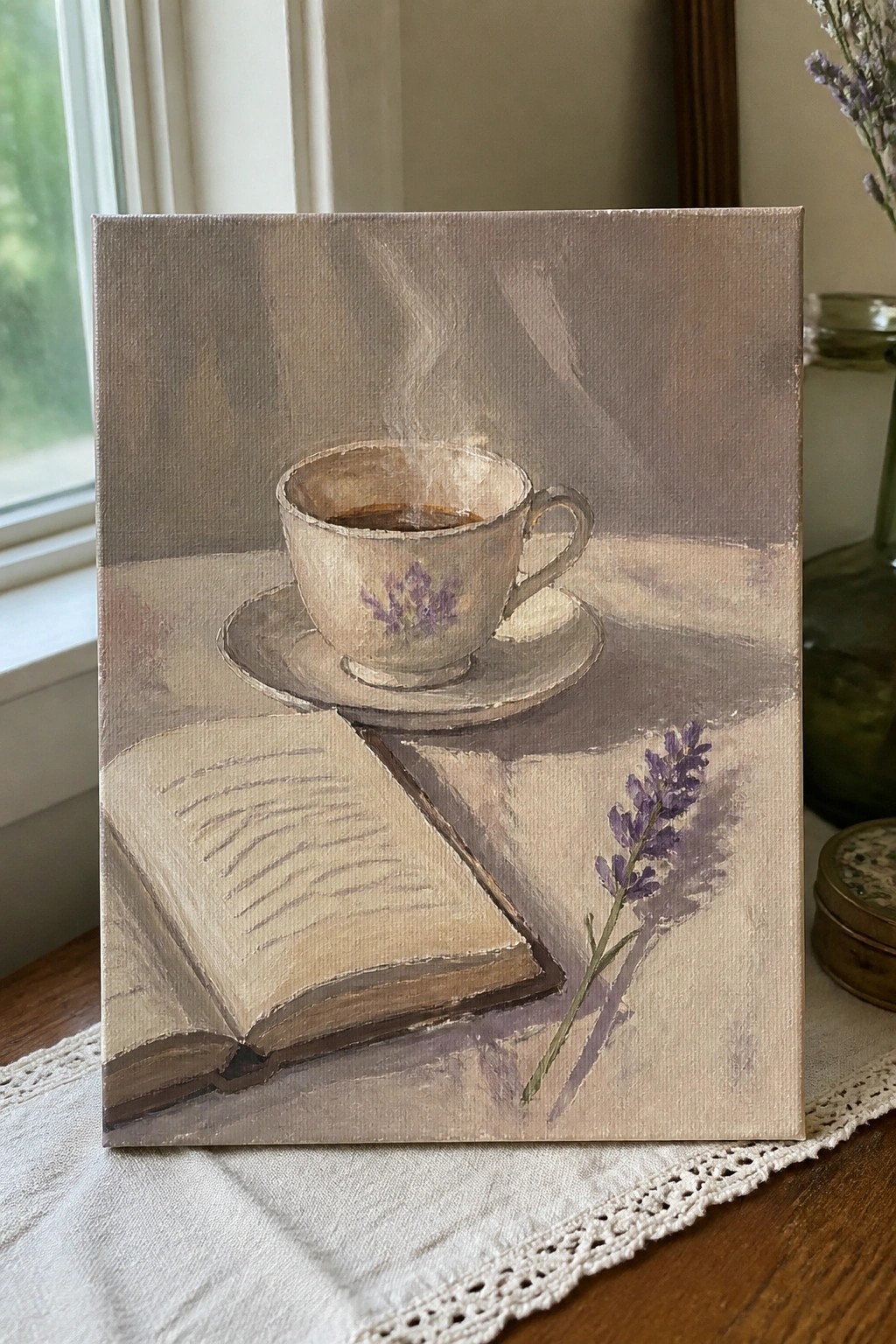 Muted still life painting of steaming teacup, open book, and lavender on table.