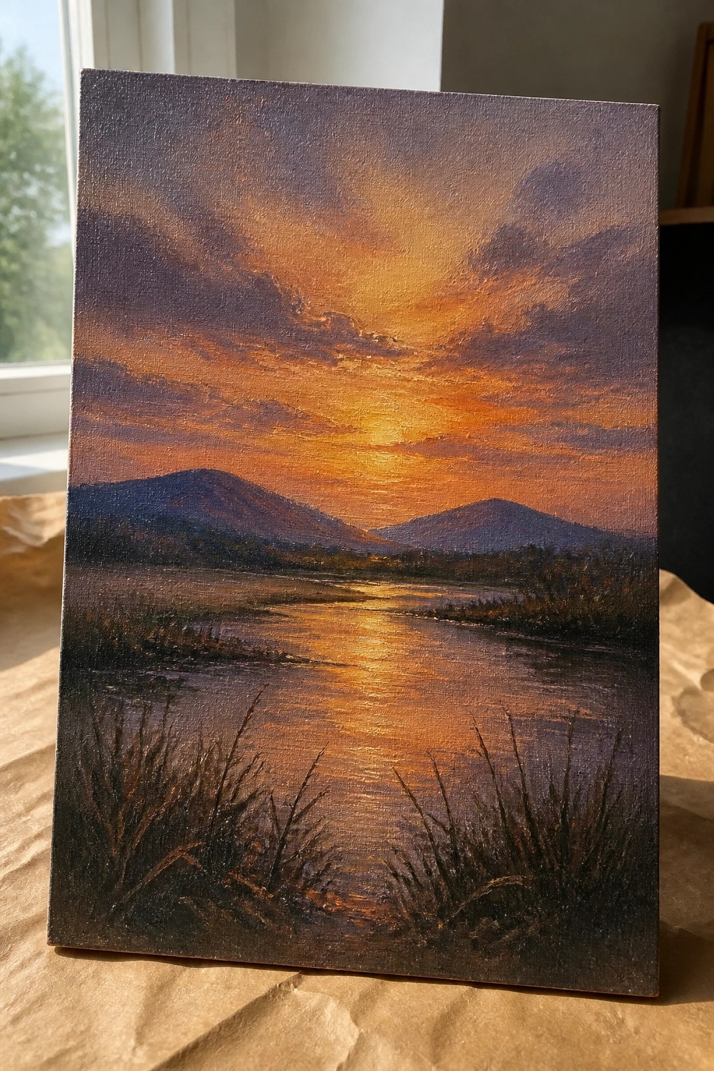 Vibrant sunset painting with orange-purple clouds over mountains, sun reflecting on water, dark reeds foreground.