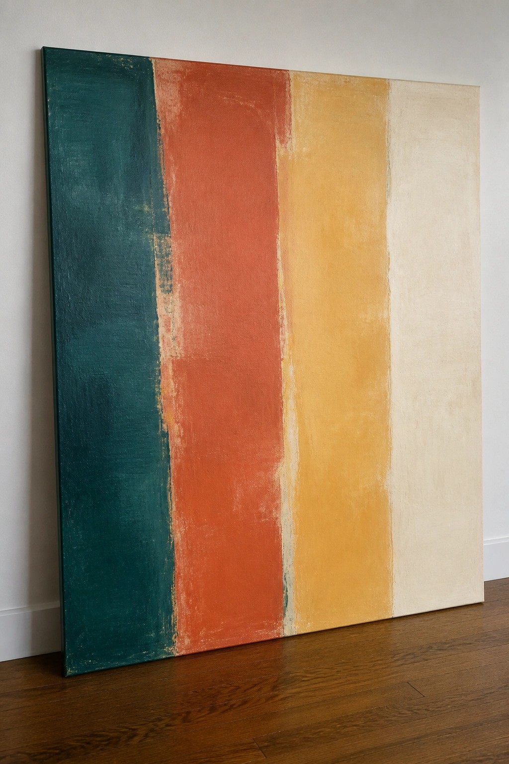 Large abstract painting with vertical teal, orange, yellow and beige stripes leaning on wood floor