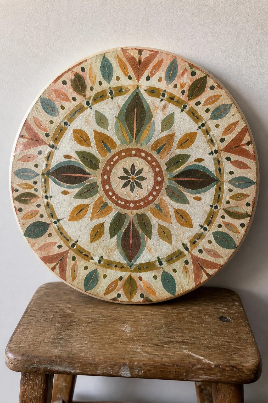 A round canvas with a symmetrical mandala of painted leaves and petals in greens, oranges, and browns sits on a wooden stool.
