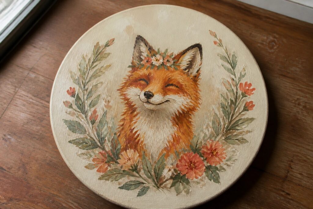 Circular painting of smiling fox with flower crown amid leafy floral wreath