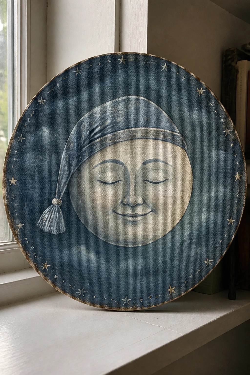 Round canvas of smiling moon in blue nightcap amid golden stars on cloudy blue.