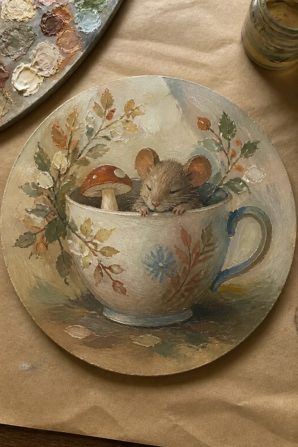 Mouse resting in floral teacup with mushroom on painted saucer