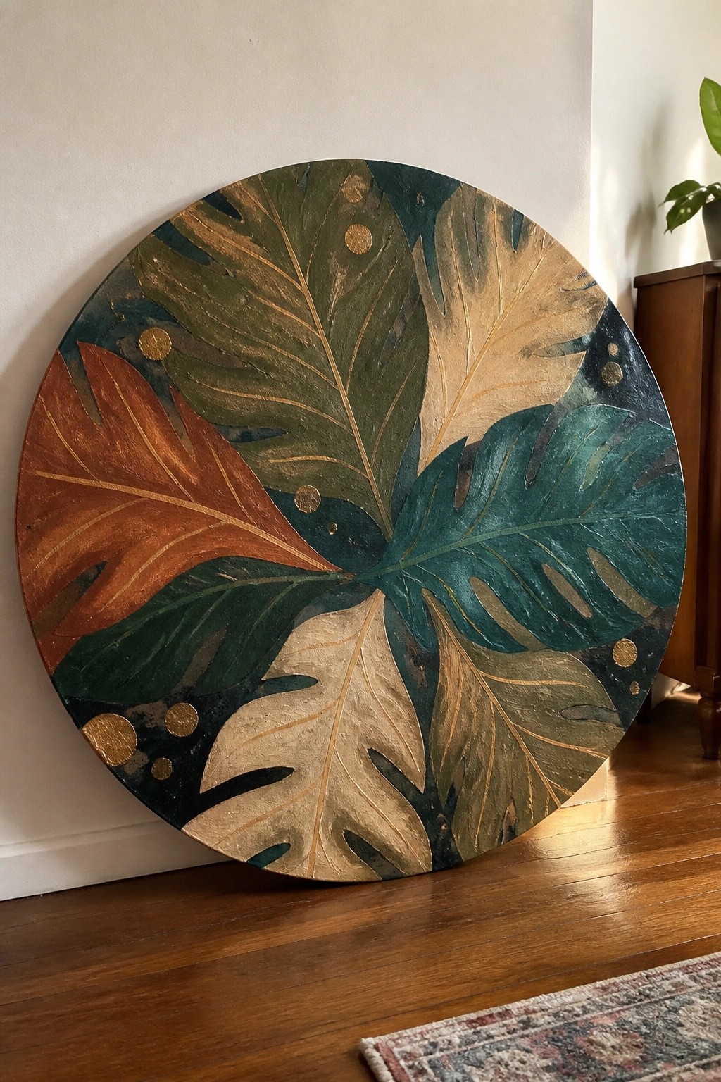 Circular painting of tropical leaves in green, teal, brown with gold accents