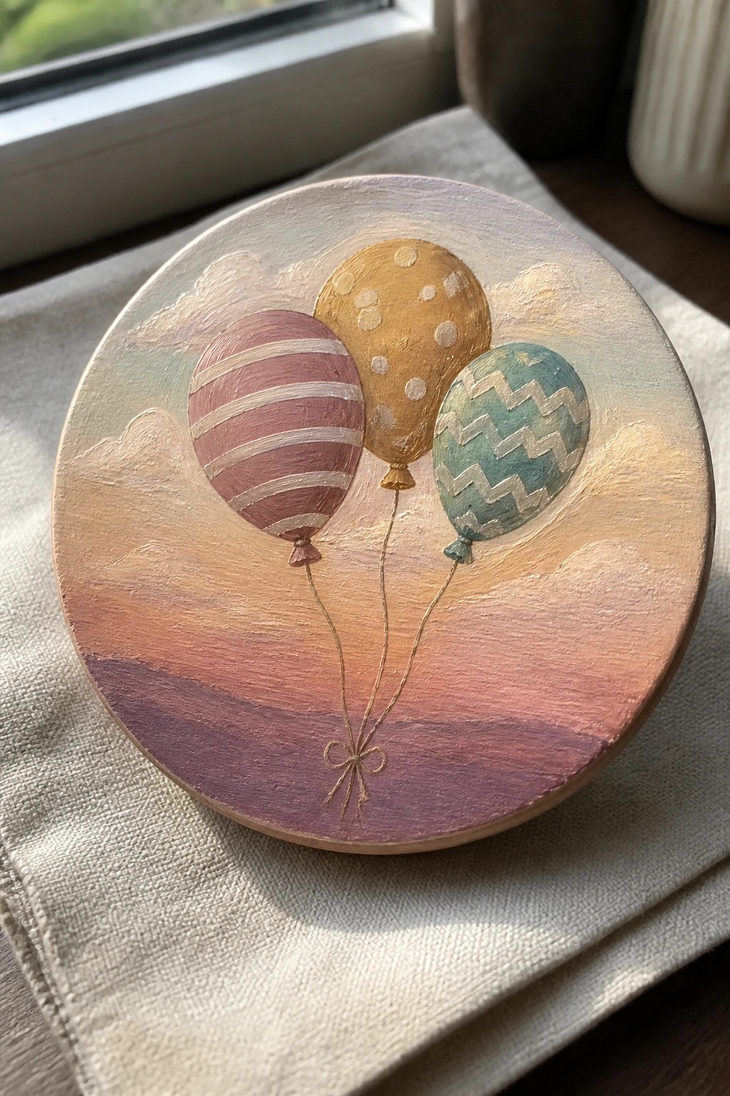 Painted wooden circle shows three patterned balloons floating in a sunset sky with clouds.