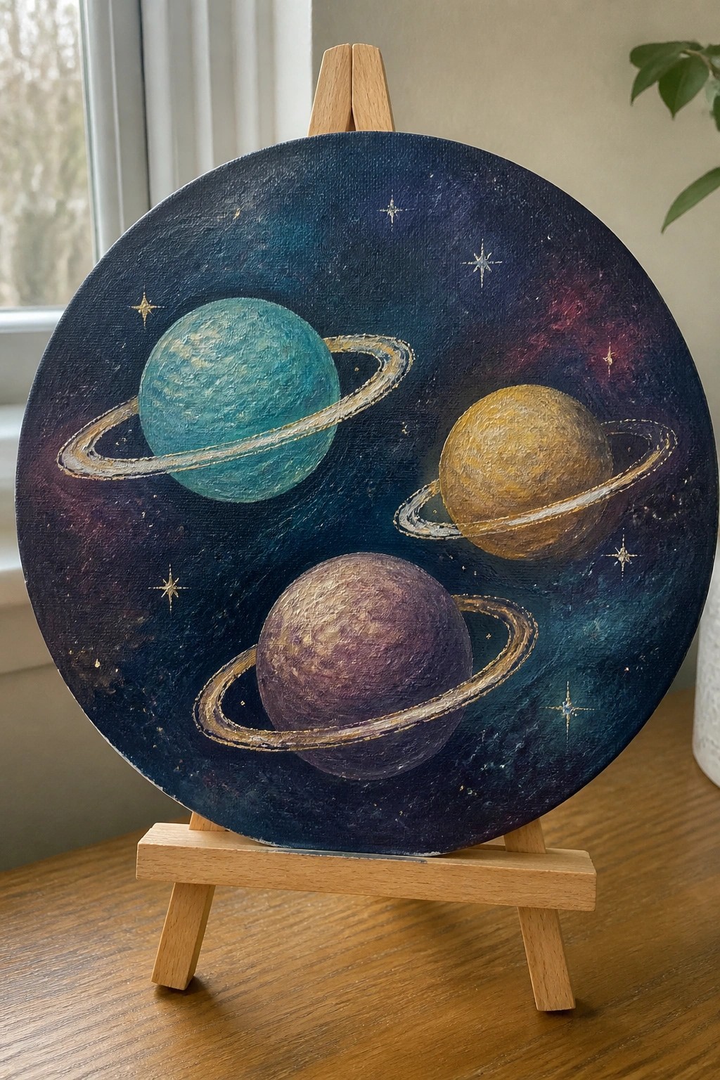 Wooden easel displays round canvas with three colorful ringed planets in starry space.