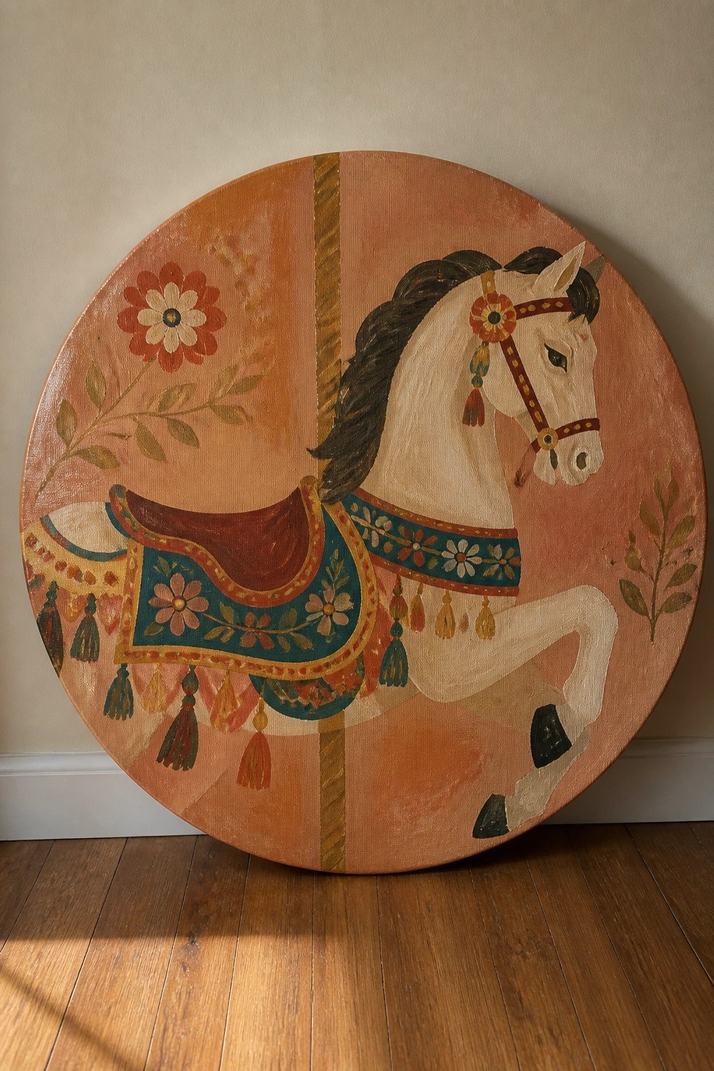 Circular painting of white carousel horse with colorful floral saddle and tassels