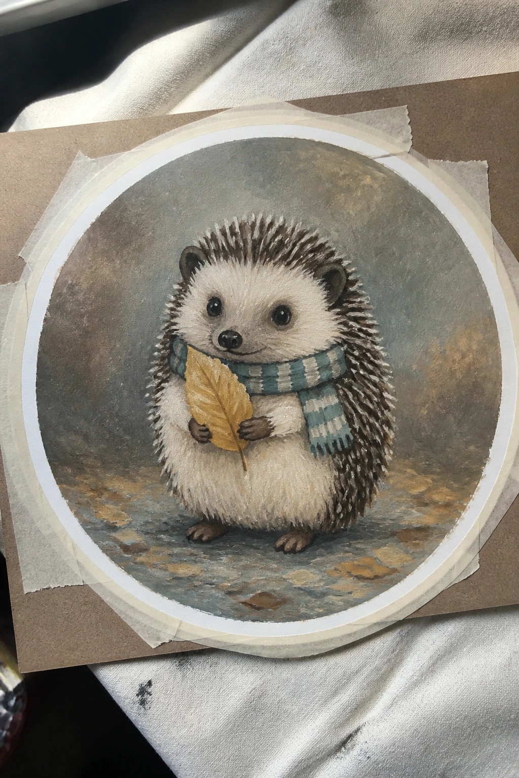 Round painting of hedgehog in striped scarf holding yellow leaf on cobblestones.