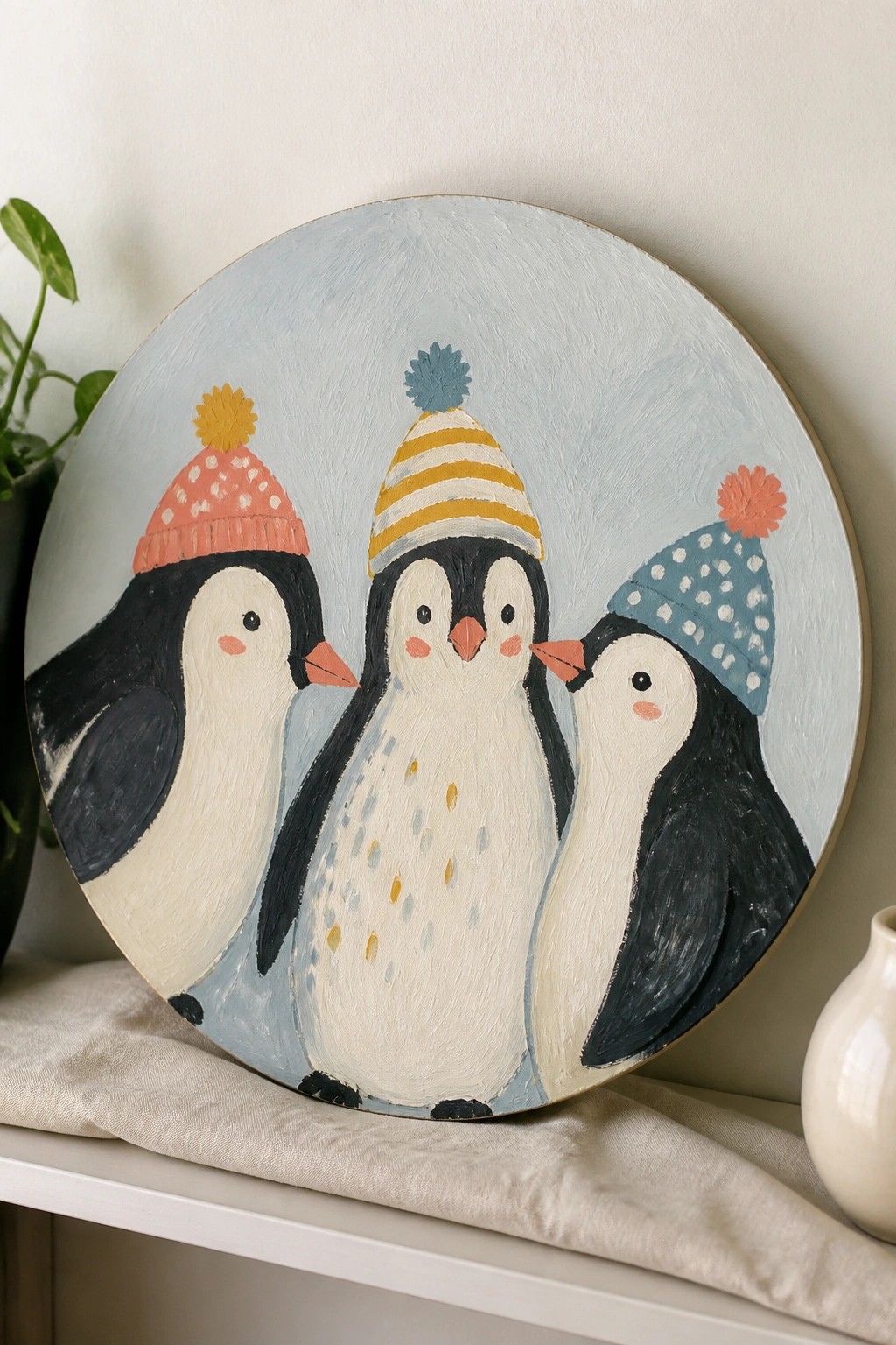 An oil painting on a round canvas shows three penguins in colorful winter hats against a light blue background.