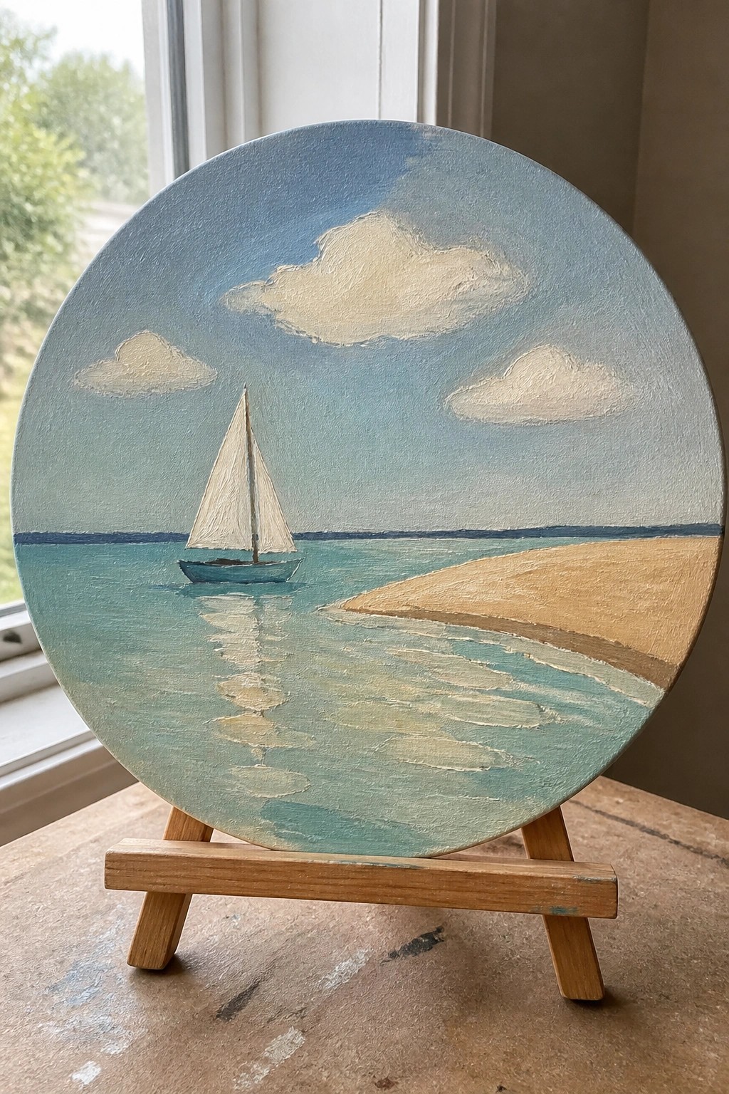 Circular painting on wooden easel depicts sailboat on turquoise water near sandy shore under cloudy sky