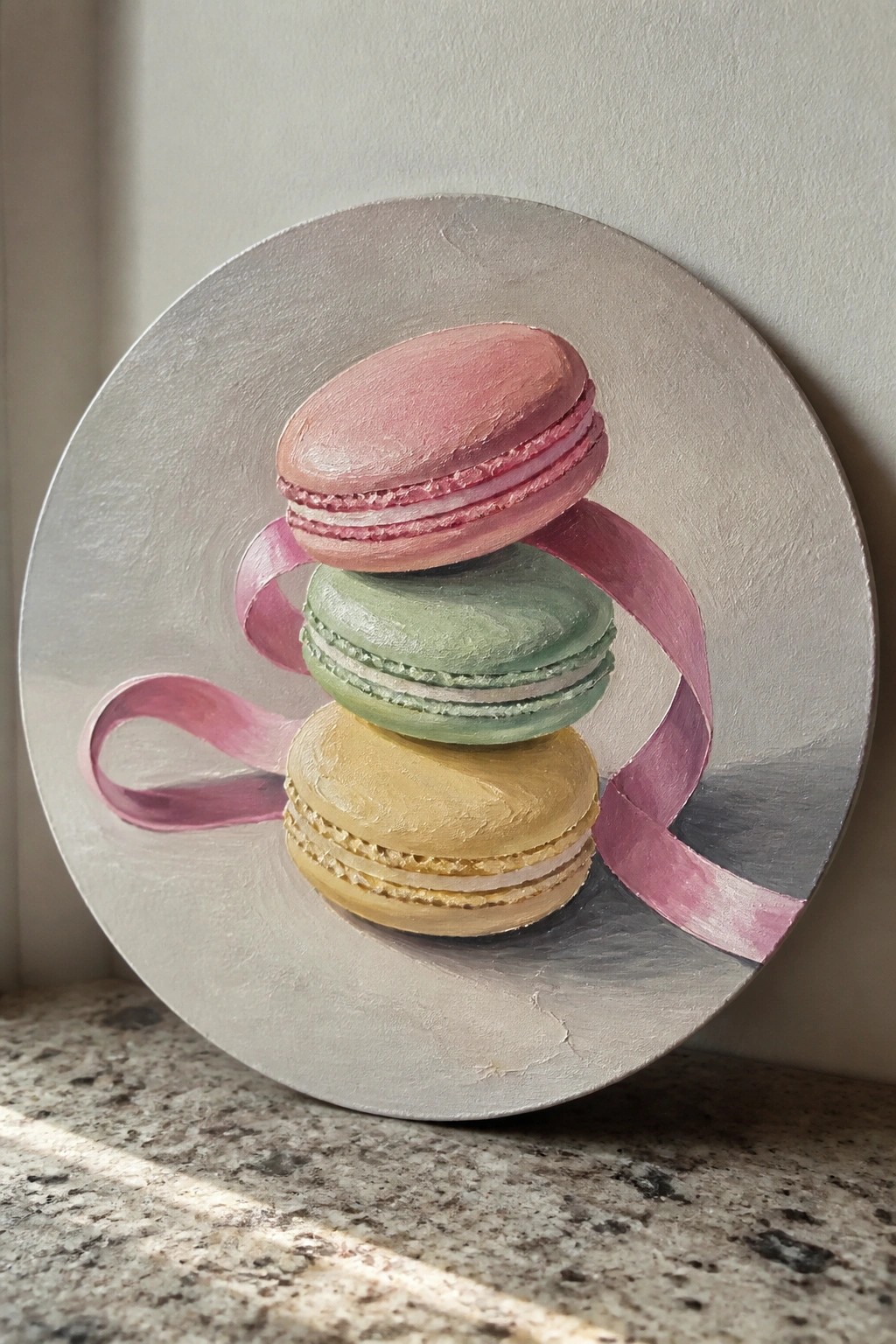Three stacked macarons in pink, green, and yellow with pink ribbon on silver plate