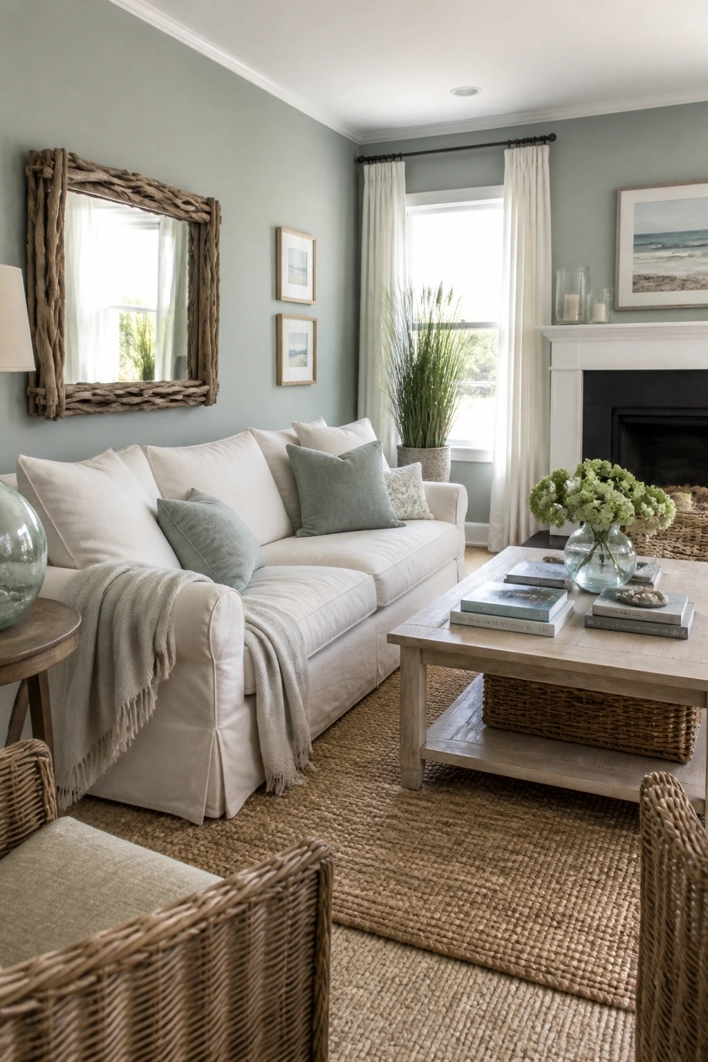 Living room walls painted in a soft gray-green with white trim.
