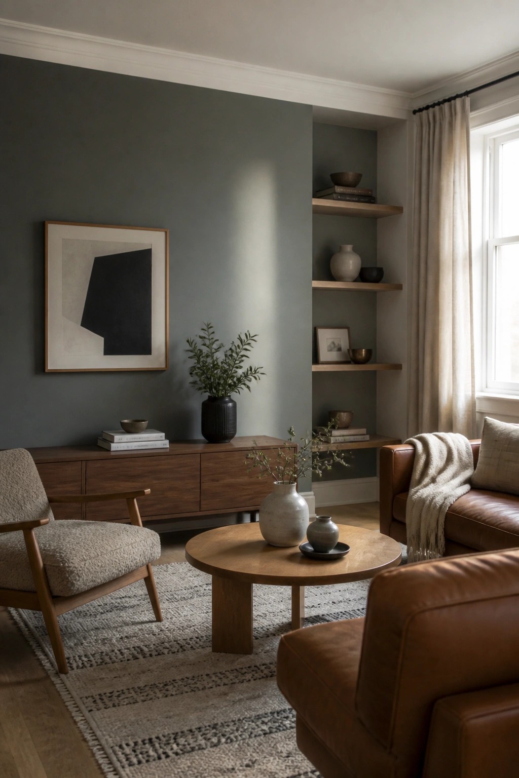 Gray-green walls in a living room with wood furniture and leather seating.