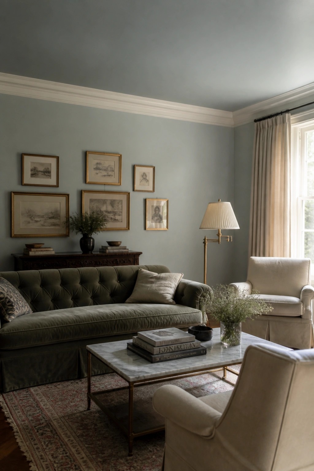 Living room walls in a soft gray-green with white trim and a dark wood console.