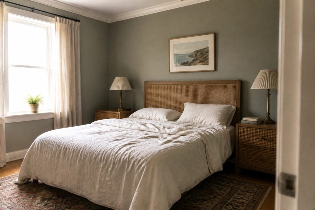 20 Polished Gray-Green Paint Colors That Work Like Soft Neutrals Bedroom with white linen bedding, woven rattan headboard, sage walls, and ocean artwork.