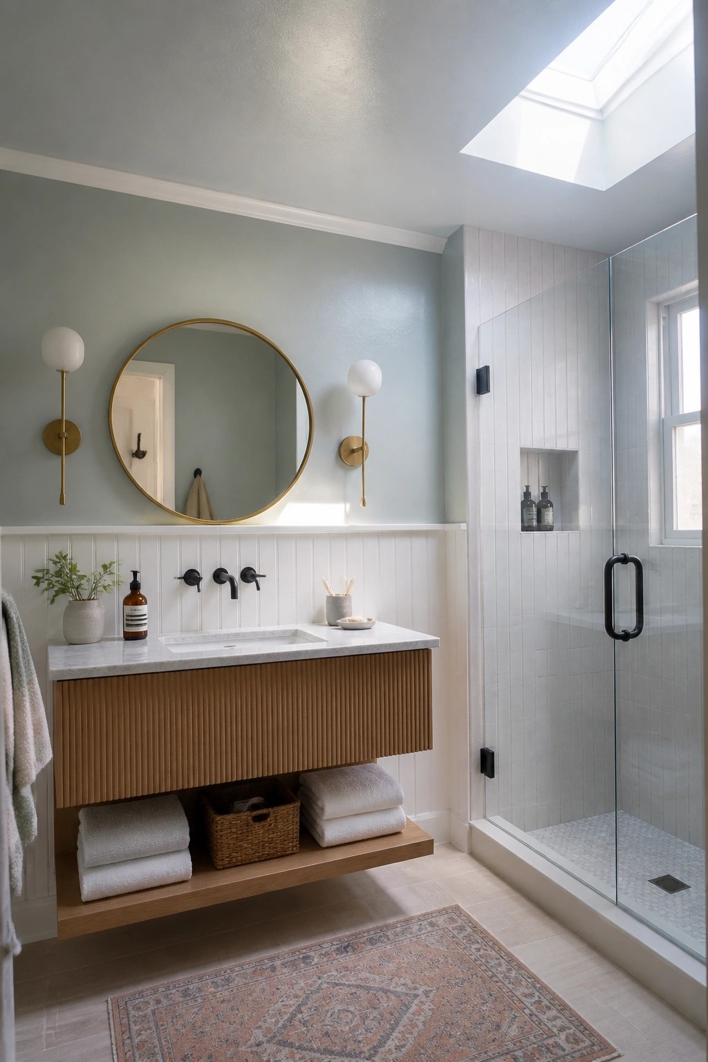 Bathroom walls painted in a soft gray-green above white wainscoting with a wood vanity below.