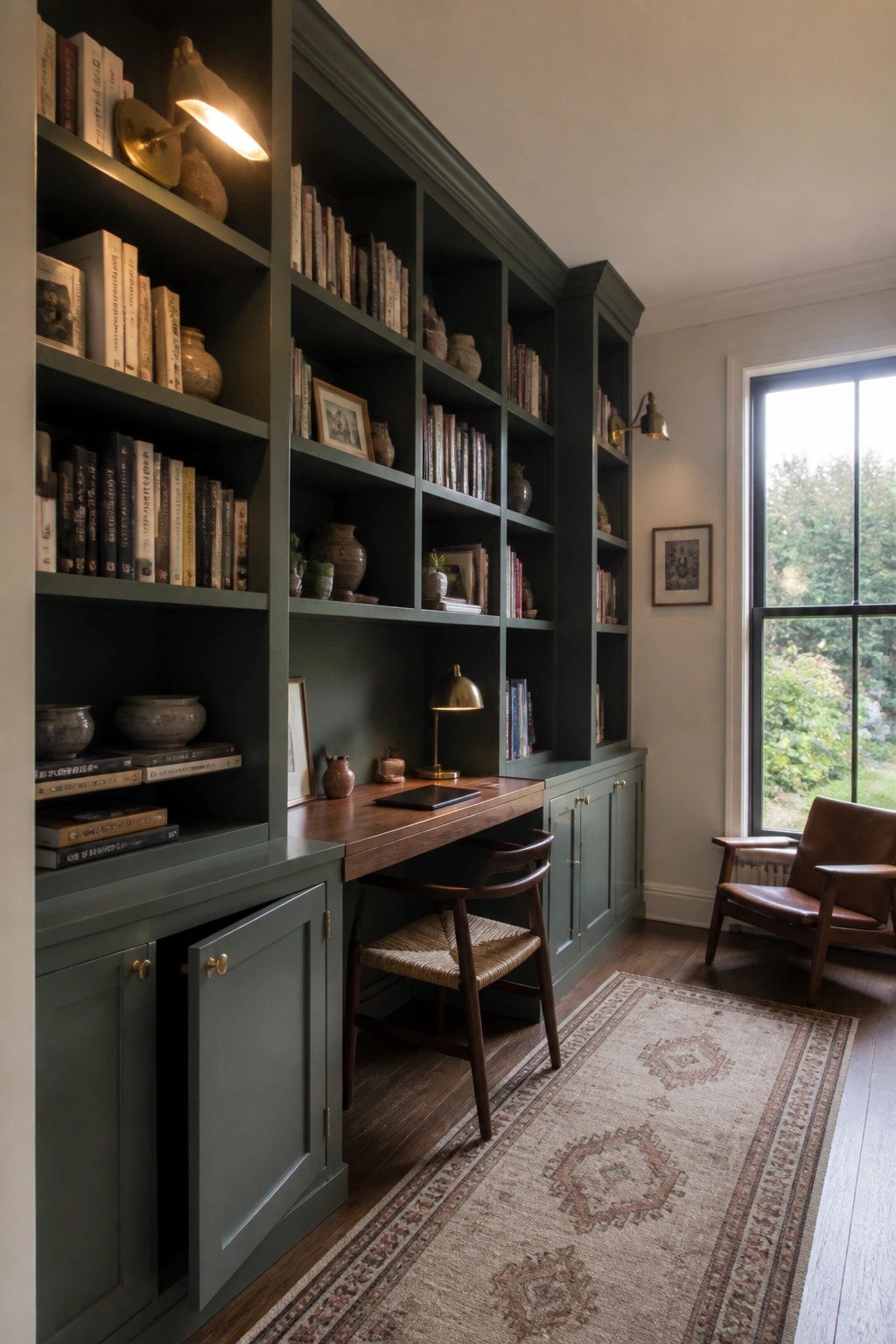 Dark green built-in bookshelves line a cozy study with wooden desk and leather chair.