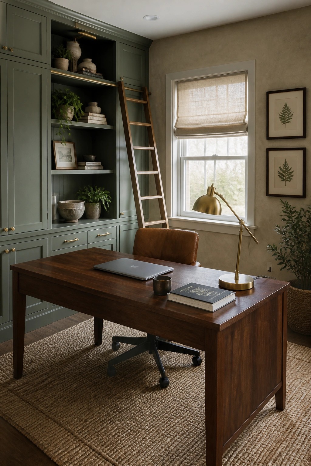 Wooden desk with laptop and brass lamp in sage green office with rolling ladder