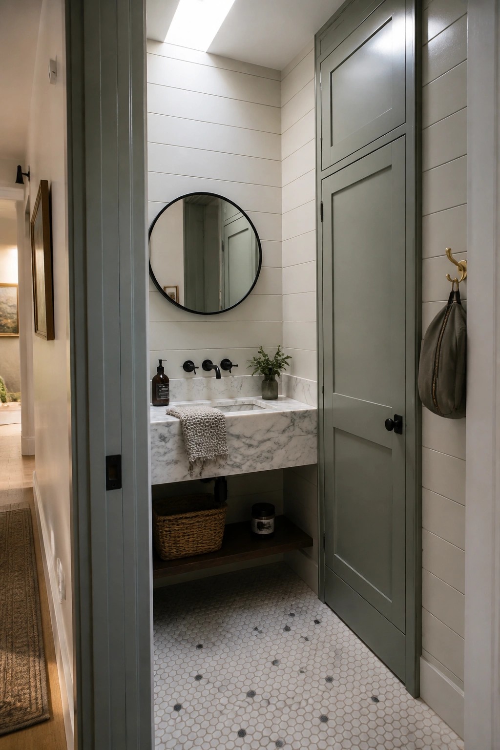 Modern bathroom with marble sink, round mirror, gray doors, and hexagonal tile floor.