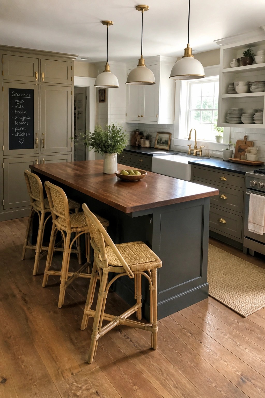 Farmhouse kitchen with dark island, walnut top, rattan stools, and pendant lights.