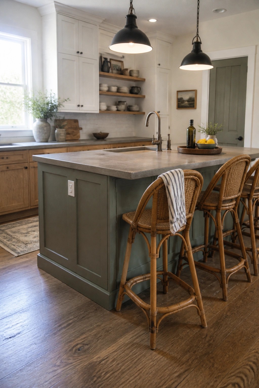 The kitchen island base is painted a soft gray-green.