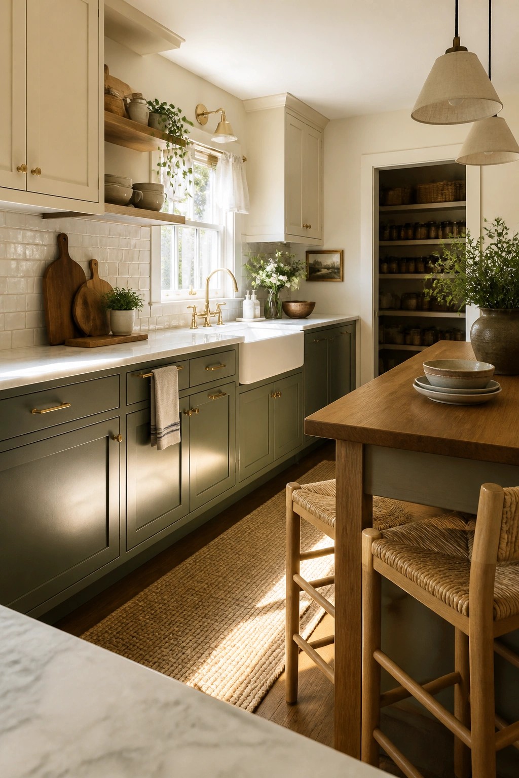 Sunlit kitchen with sage green cabinets, marble counters, farmhouse sink, and wooden island.