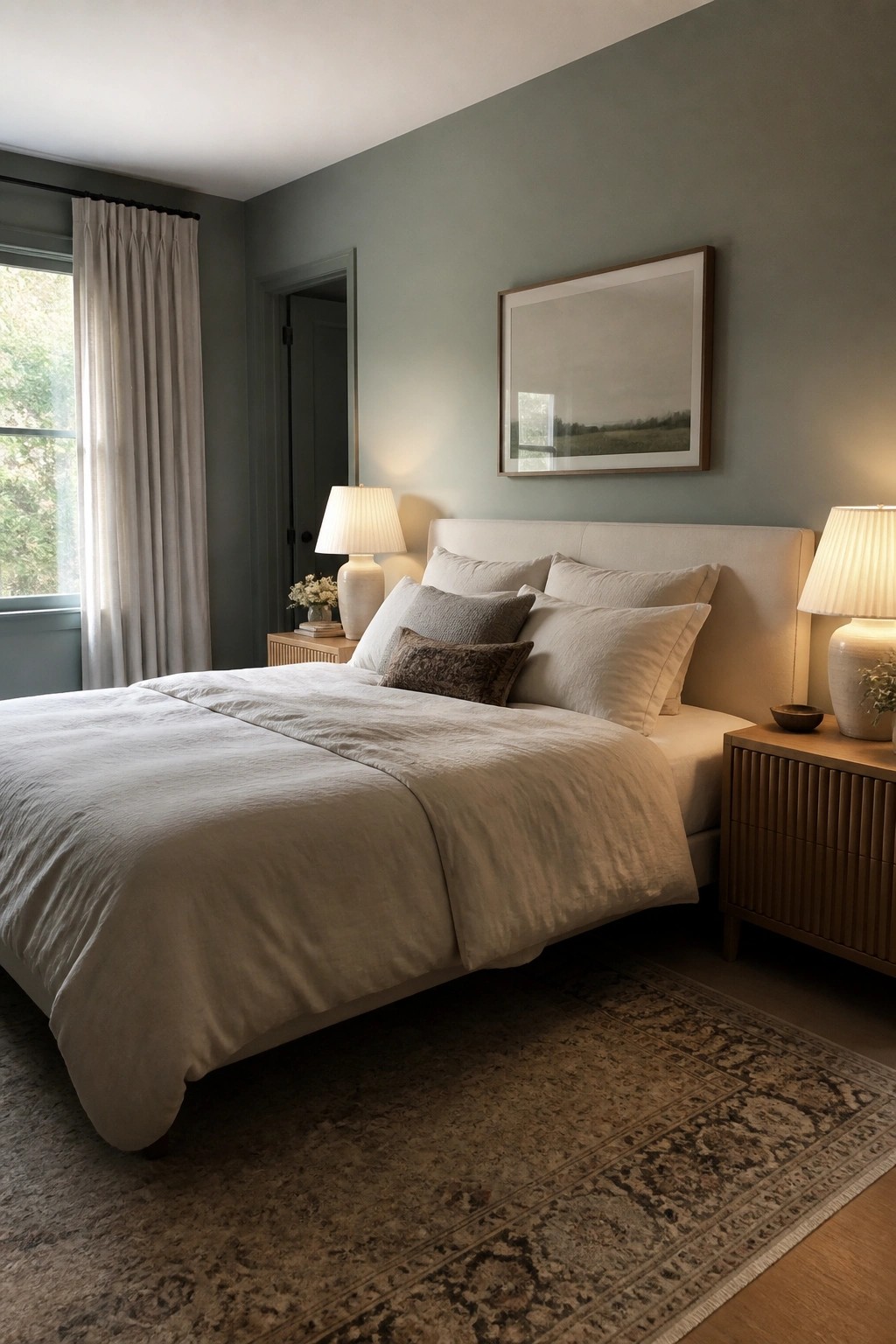 Cozy bedroom with white linen bedding, wooden nightstands, and sage green walls.