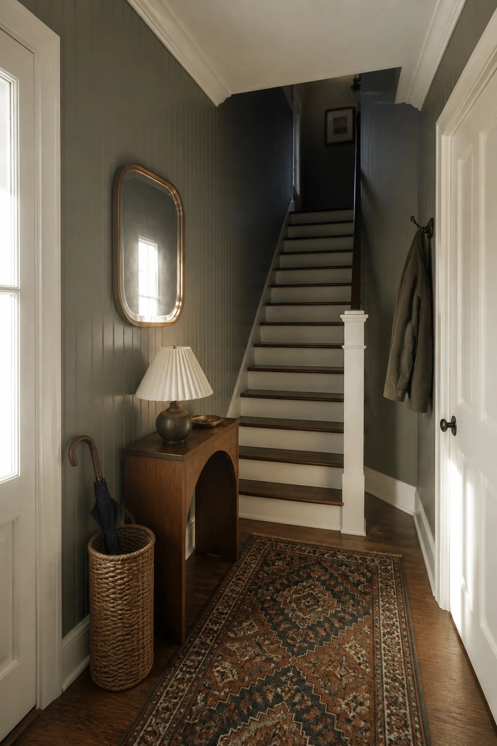 A narrow entry hallway painted in soft gray-green with wood furniture and a patterned runner.