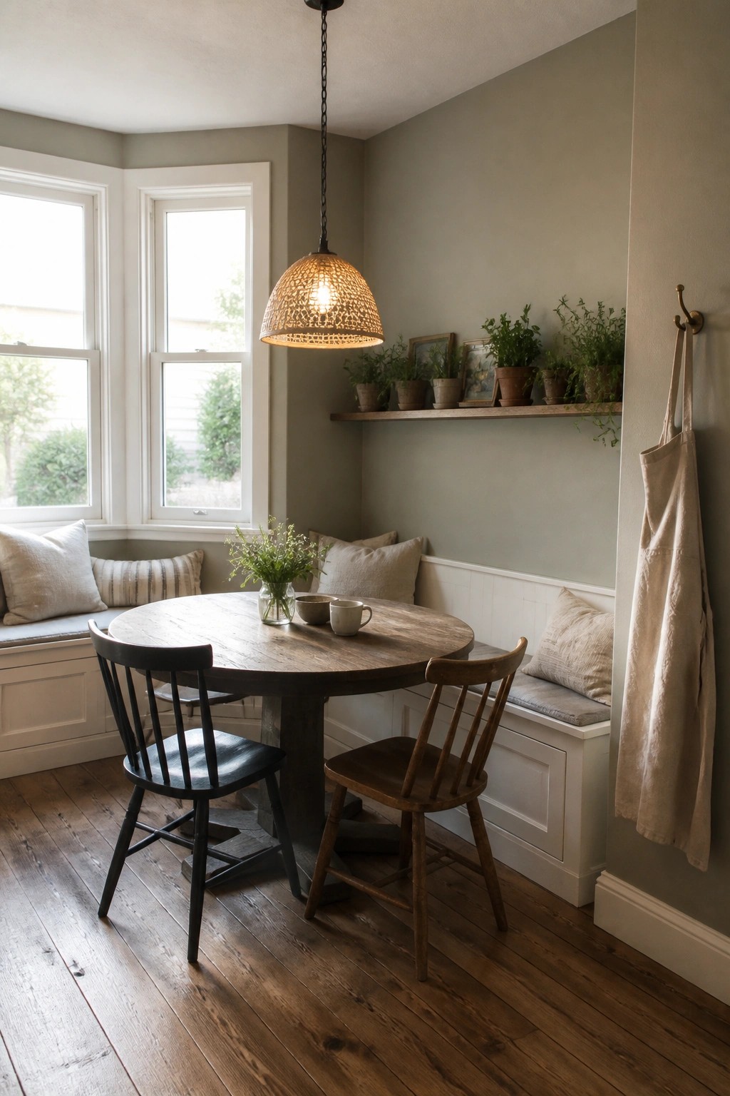 Soft gray-green walls in a bright dining nook with a round wooden table and built-in bench.