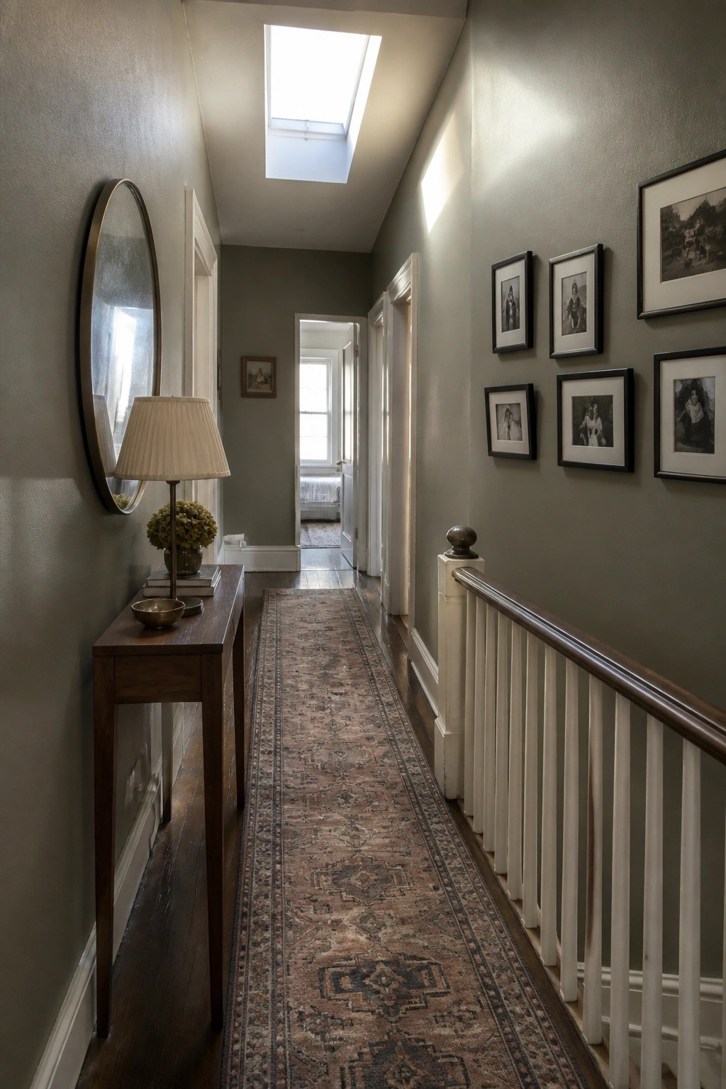 A narrow interior hallway painted in soft gray-green with wood flooring and a console table.