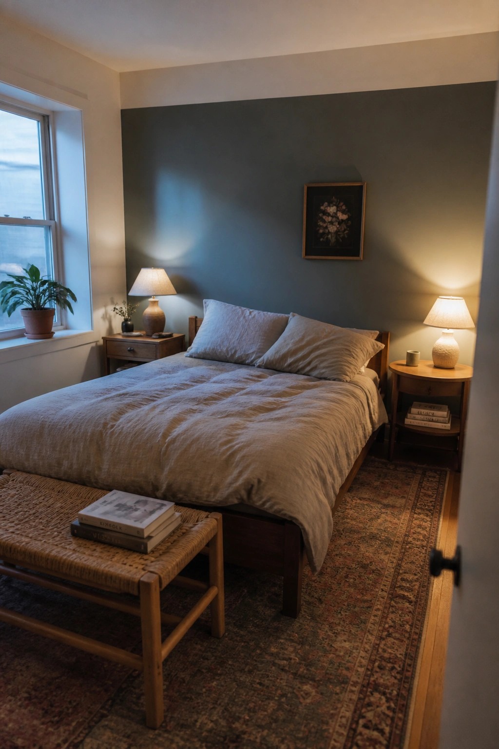 A bedroom featuring muted gray-green walls paired with warm wood furniture.