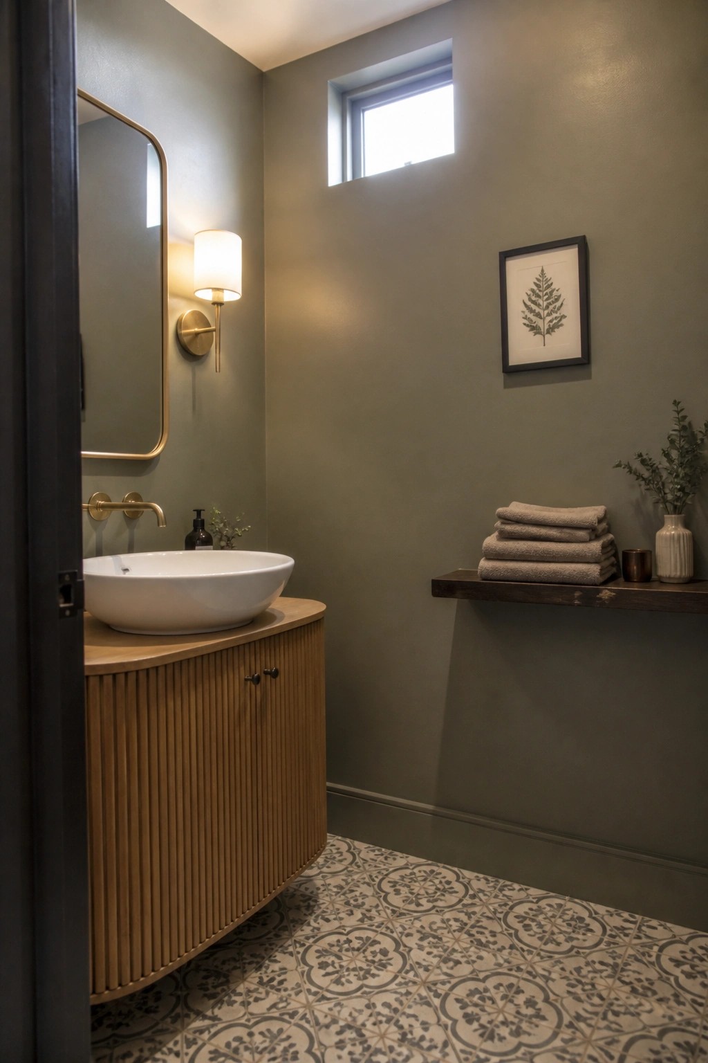 Green-walled bathroom with white vessel sink on fluted wood vanity and towel shelf