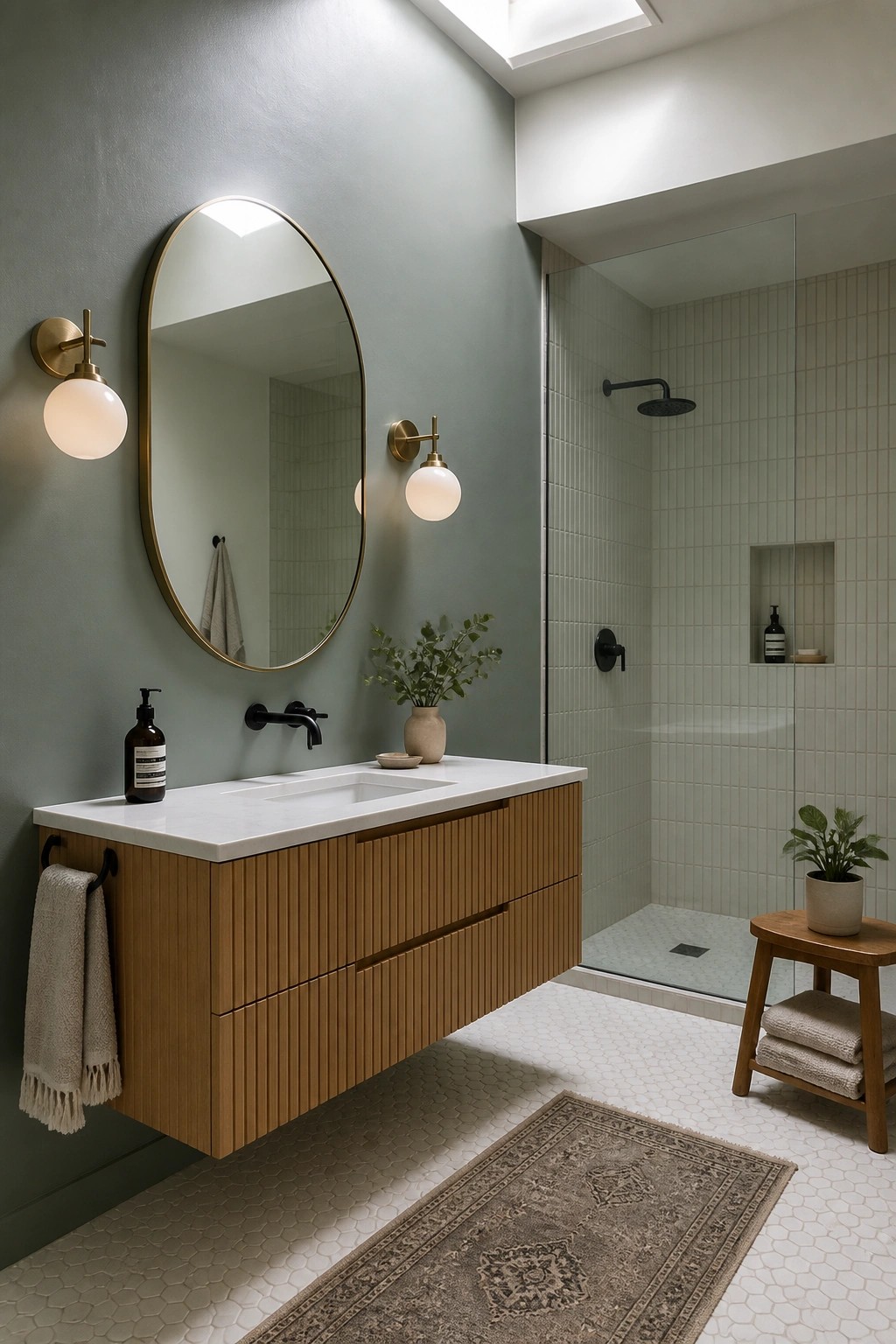 Gray-green walls in a bathroom with a wood vanity and white tile.