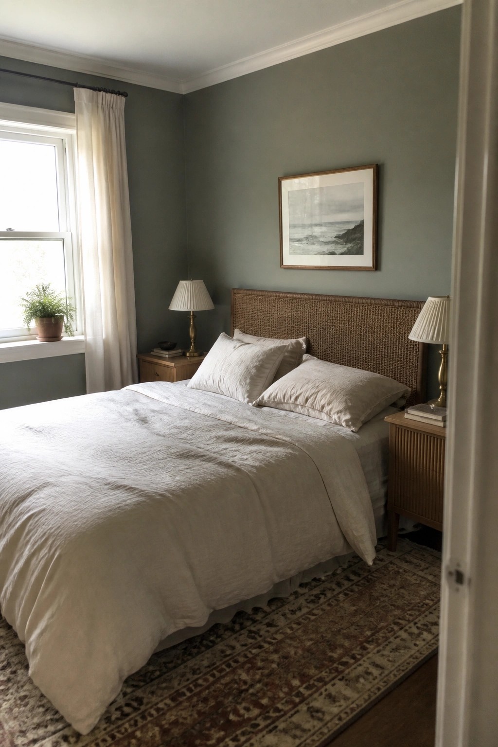 Bedroom with white linen bedding, woven rattan headboard, sage walls, and ocean artwork.